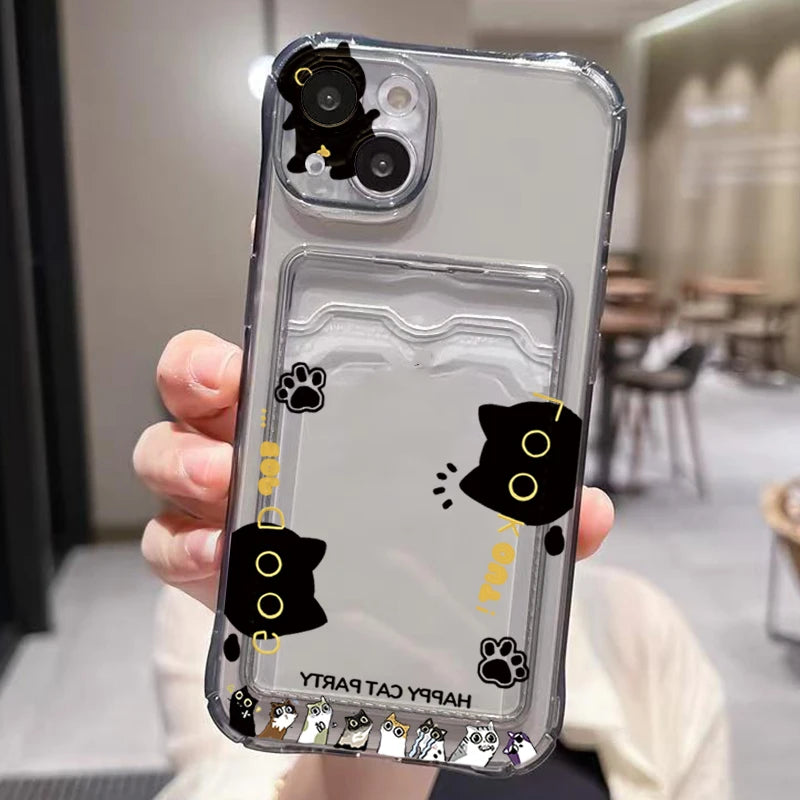 Cute Black Cat Transparent Phone Case For iPhone 17 16 15 14 Pro Max 13 12 11 XS X 7 8 Plus 16e 17e Wallet Card Holder Bag Cover