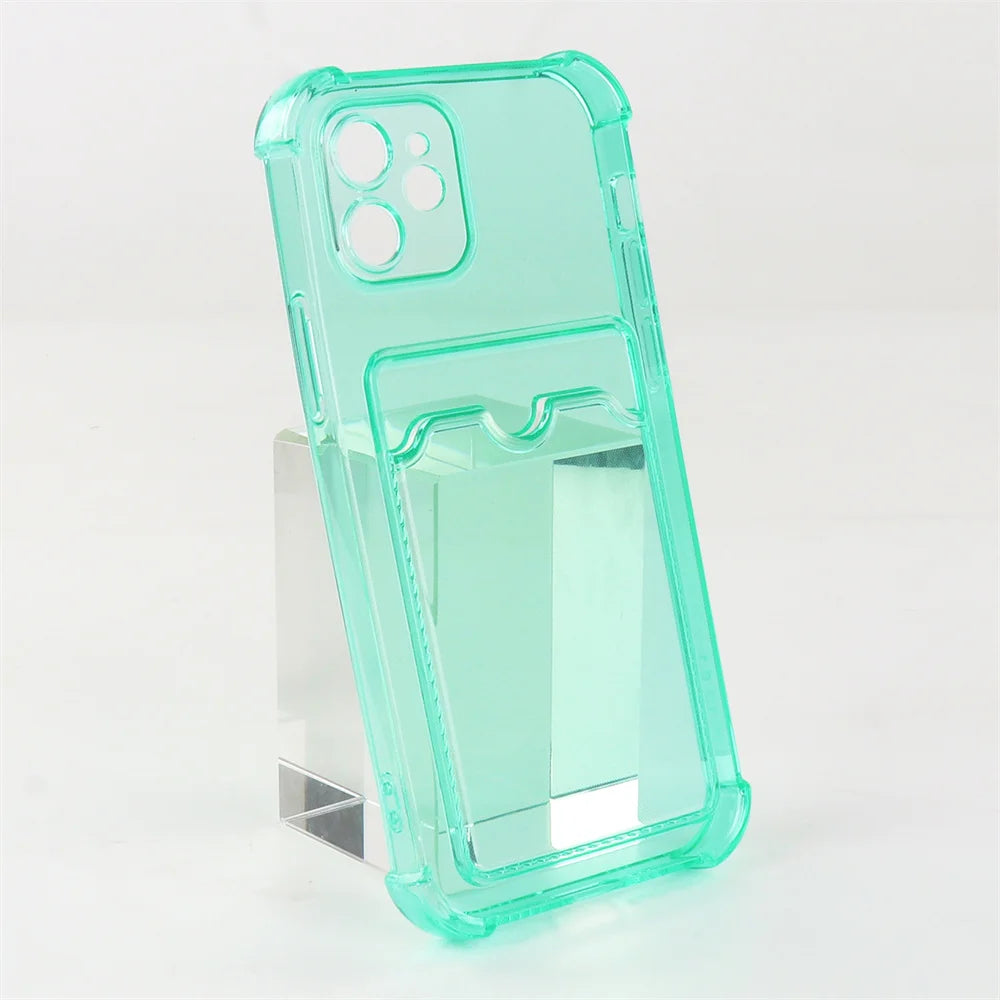 Transparent Card Slot Bag Holder Case For iPhone 15 14 13 12 11 Pro Max Mini X XR XS 7 8 Plus Clear Shockproof Soft Wallet Cover