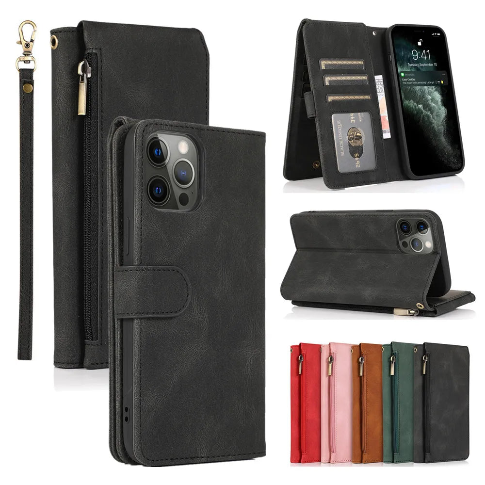 Luxury Case for iPhone 17 16 15 14 13 12 Mini 11 Pro X XS Max XR PLUS Air Wallet Leather Cards Holder Stand Flip Phone Bags