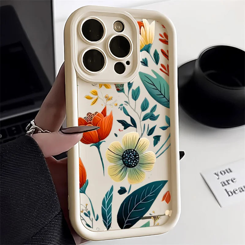 Liquid Silicone Cases For iPhone 16 Pro Case iPhone 16e 15 13 11 12 13 Pro Max 14 Plus XR 17 Air White Floral Shockproof Cover
