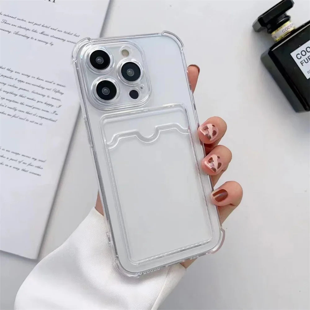 Transparent Card Slot Bag Holder Case For iPhone 15 14 13 12 11 Pro Max Mini X XR XS 7 8 Plus Clear Shockproof Soft Wallet Cover