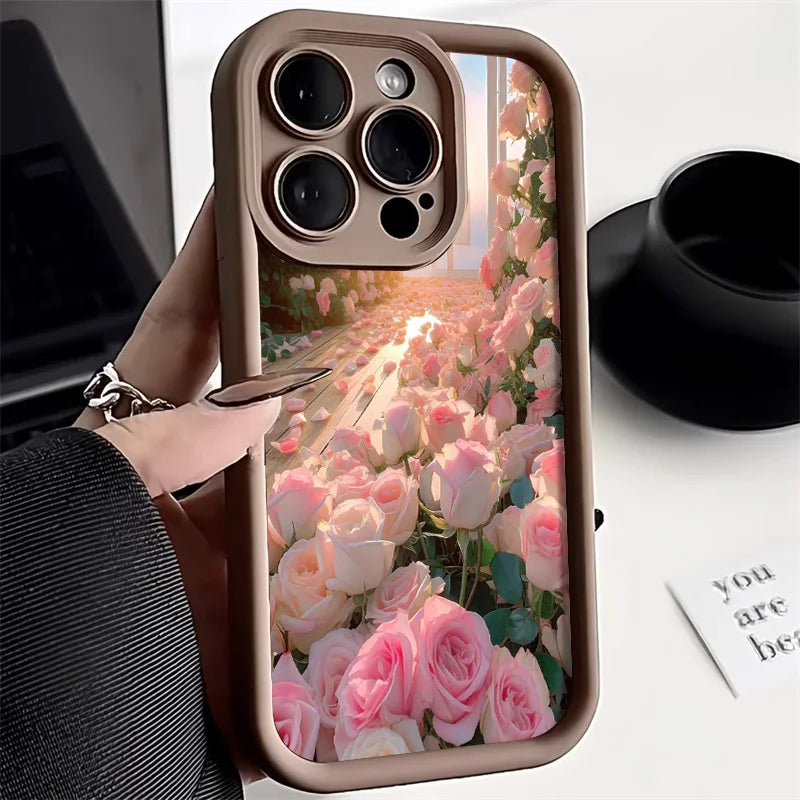 Liquid Silicone Cases For iPhone 16 Pro Case iPhone 16e 15 13 11 12 13 Pro Max 14 Plus XR 17 Air White Floral Shockproof Cover