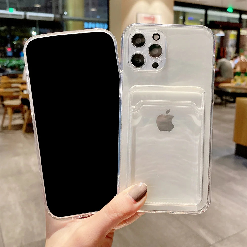Photo Pocket Silicone Case For iPhone 16 15 14 11 Pro Max 13 12Mini X XR 7 8 Plus Shockproof Clear Soft Card Holder Wallet Cover