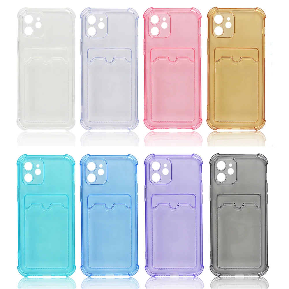 Transparent Card Slot Bag Holder Case For iPhone 15 14 13 12 11 Pro Max Mini X XR XS 7 8 Plus Clear Shockproof Soft Wallet Cover