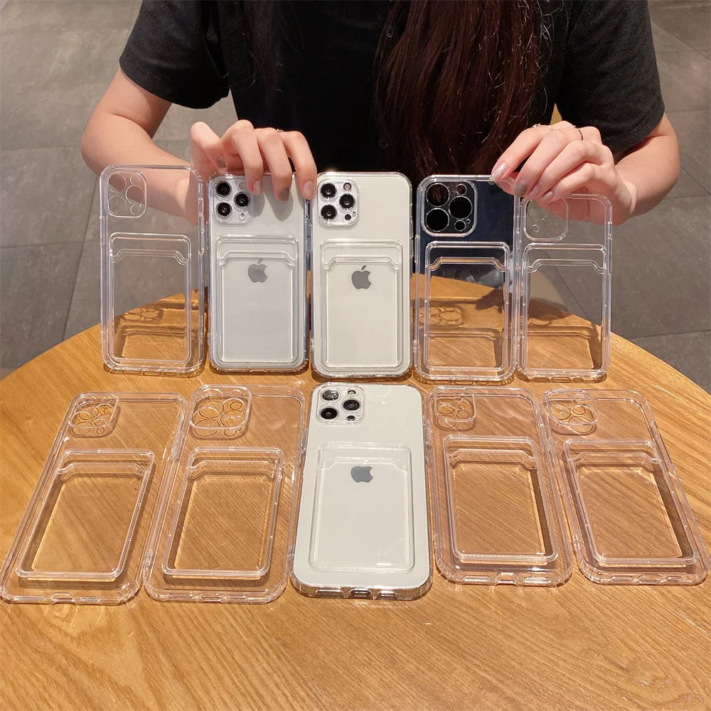 Photo Pocket Silicone Case For iPhone 16 15 14 11 Pro Max 13 12Mini X XR 7 8 Plus Shockproof Clear Soft Card Holder Wallet Cover