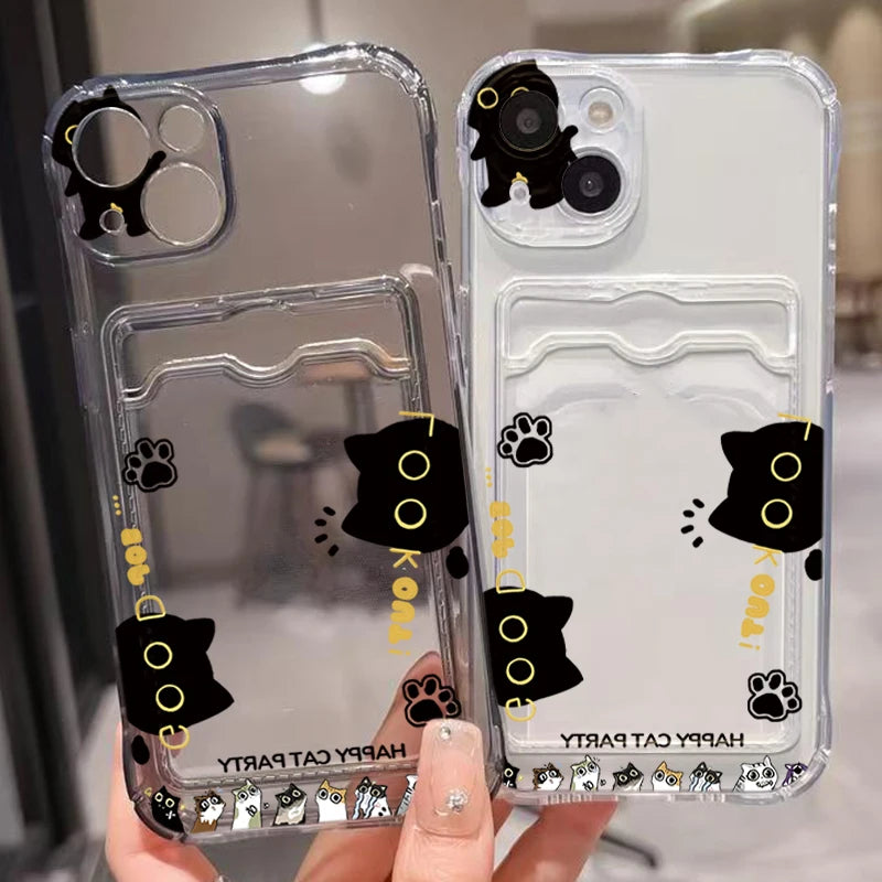 Cute Black Cat Transparent Phone Case For iPhone 17 16 15 14 Pro Max 13 12 11 XS X 7 8 Plus 16e 17e Wallet Card Holder Bag Cover
