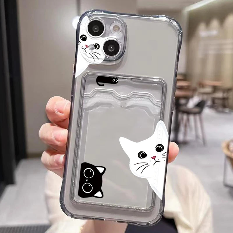 Cute Black Cat Transparent Phone Case For iPhone 17 16 15 14 Pro Max 13 12 11 XS X 7 8 Plus 16e 17e Wallet Card Holder Bag Cover