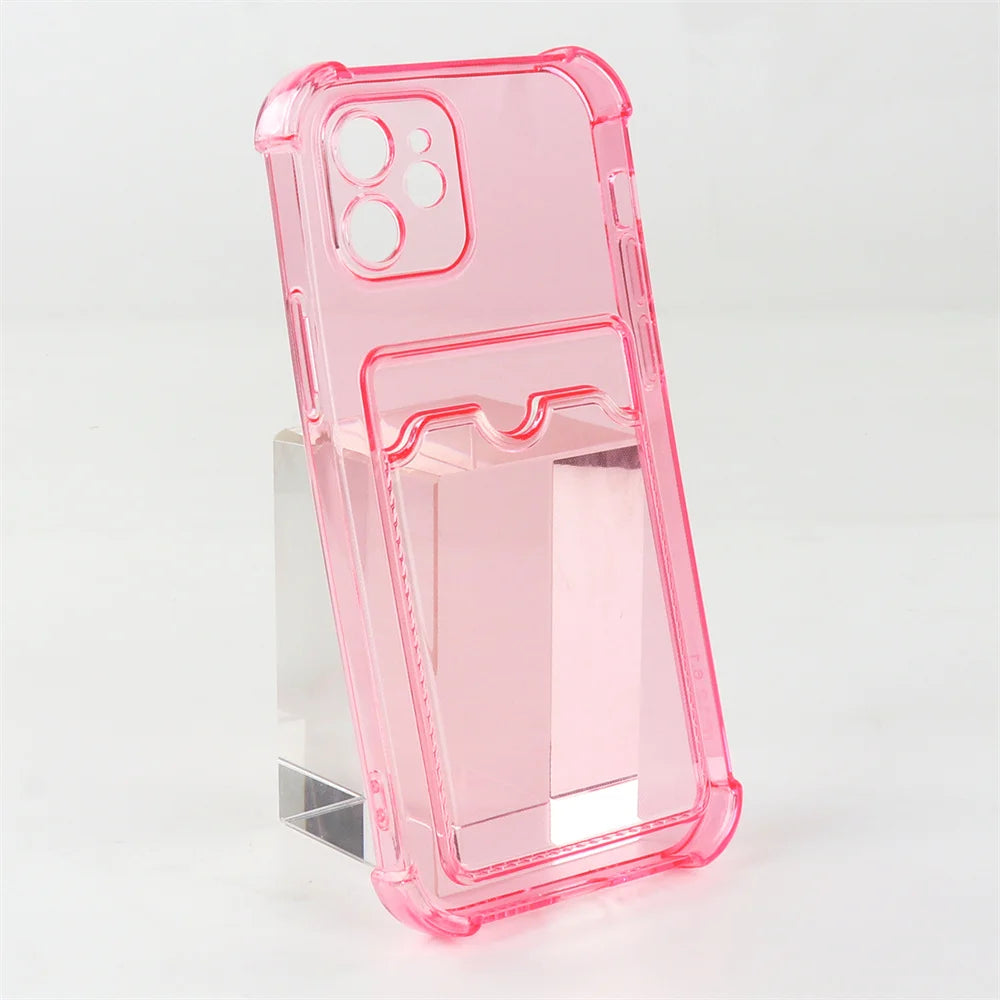 Transparent Card Slot Bag Holder Case For iPhone 15 14 13 12 11 Pro Max Mini X XR XS 7 8 Plus Clear Shockproof Soft Wallet Cover