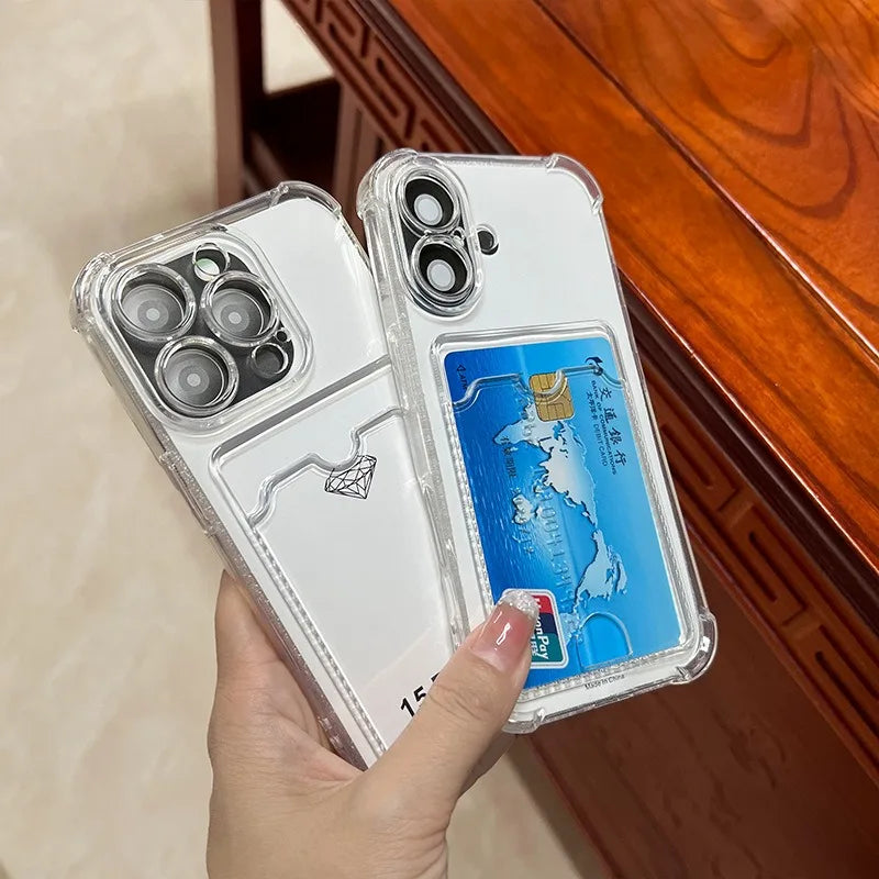 Transparent Soft Card Holder Bag Case For iPhone 17 Air 16 15 14 13 12 mini 11 Pro X XR Xs Max 7 8 Plus 16e Shockproof Cover