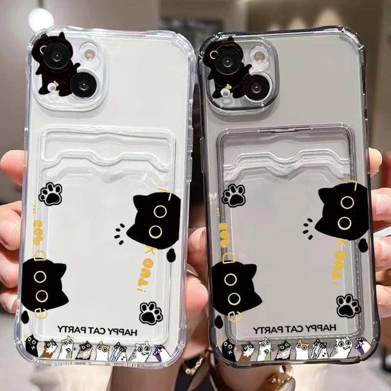 Cute Black Cat Transparent Phone Case For iPhone 17 16 15 14 Pro Max 13 12 11 XS X 7 8 Plus 16e 17e Wallet Card Holder Bag Cover